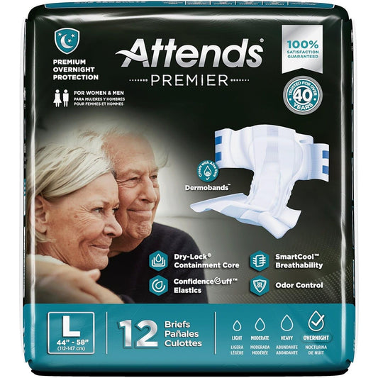 Attends Premier Adult Disposable SmartCool Briefs in size L, 44-58 inches, pack of 12, designed for comfortable incontinence care.