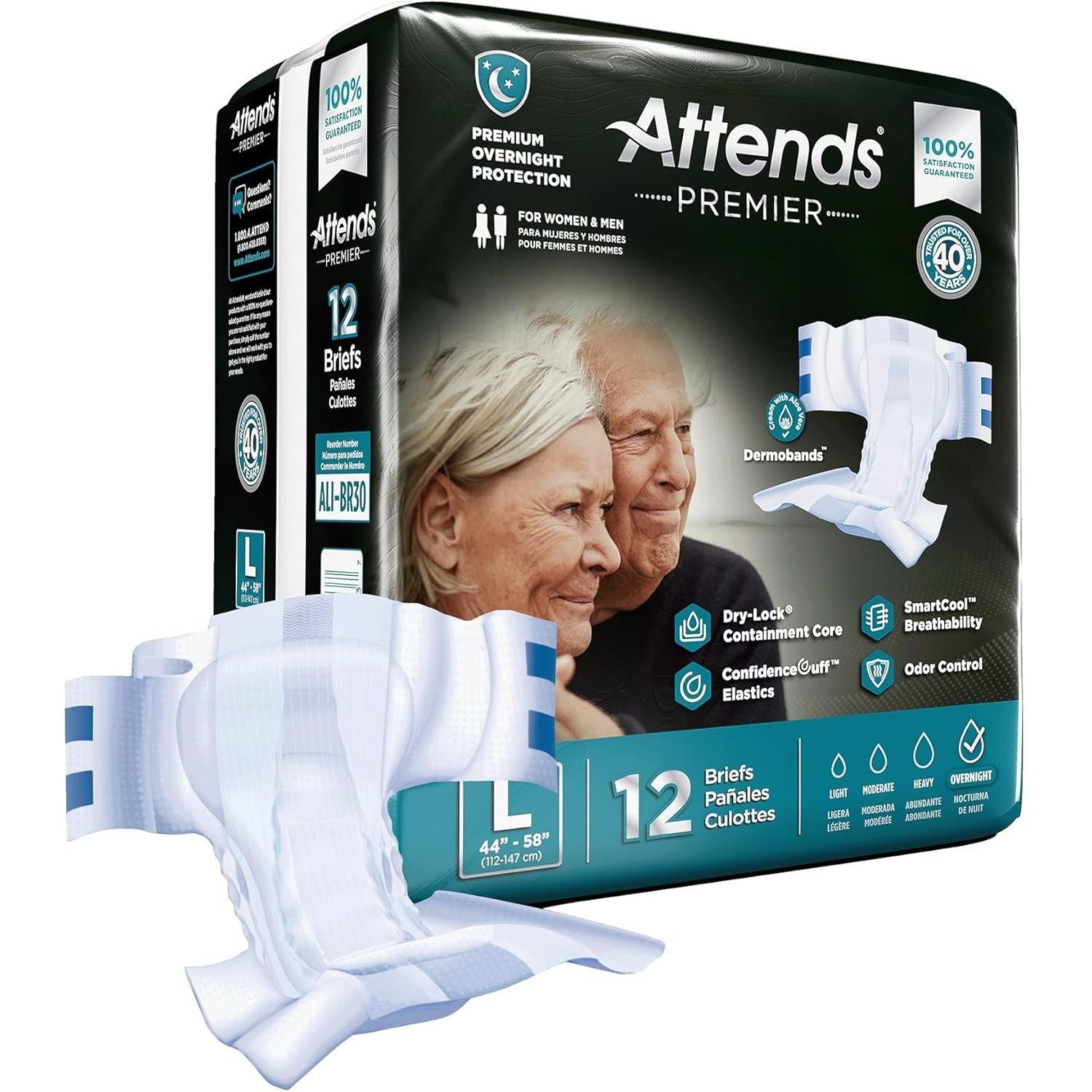 Attends Premier Adult disposable SmartCool briefs in size L, for waist 44-58 inches, shown in a pack of 12, healthcare product.