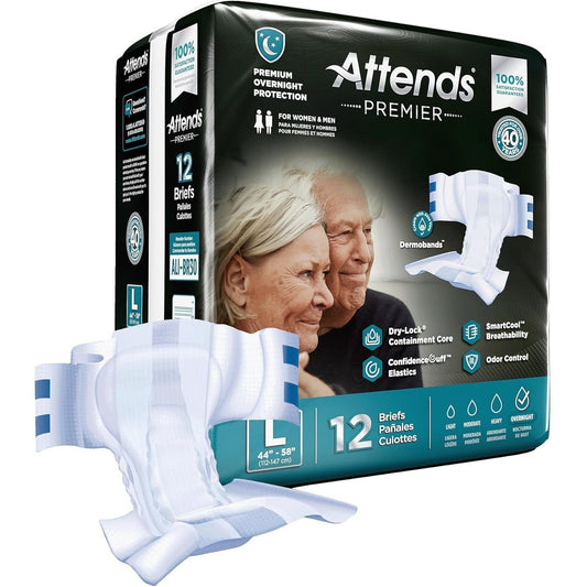 Attends Premier Adult disposable SmartCool briefs in size L, for waist 44-58 inches, shown in a pack of 12, healthcare product.