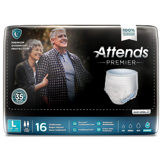 Attends Premier Premium Overnight Protection Underwear by Pasteur Pharmacy, large size for waist 44-58 inches, 16-pack.