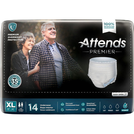 Attends Premier Premium Overnight Protection Underwear XL for waist 58-68 inches, shown in white absorbent health care underwear.