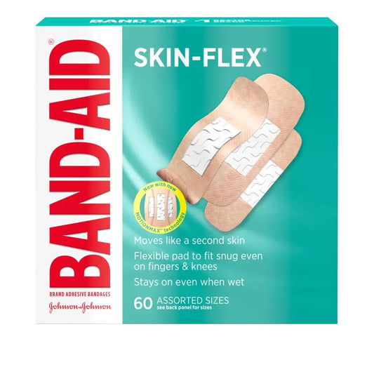 Flexible adhesive bandages from Band-Aid Brand SKkin-Flex, designed for health care, shown in a clear close-up image.