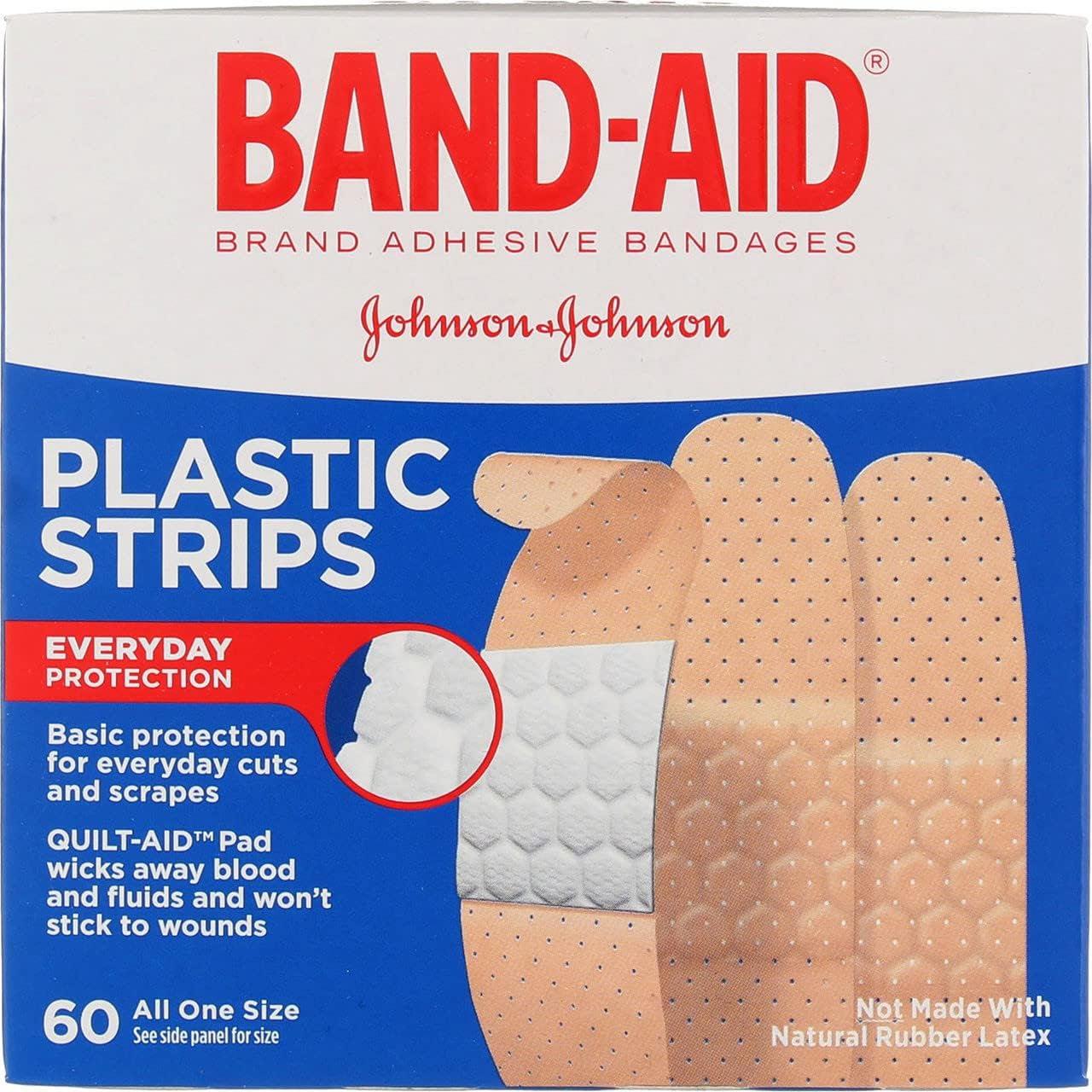 Plastic Band-Aid strips by Pasteur Pharmacy, 60 count, 3/4" x 3" adhesive bandages for minor cuts and wounds.