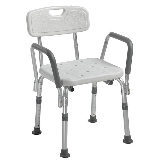Bath safety bench with back and arms, healthcare aid by Pasteur Pharmacy, featuring sturdy support and comfortable seating for bathing.