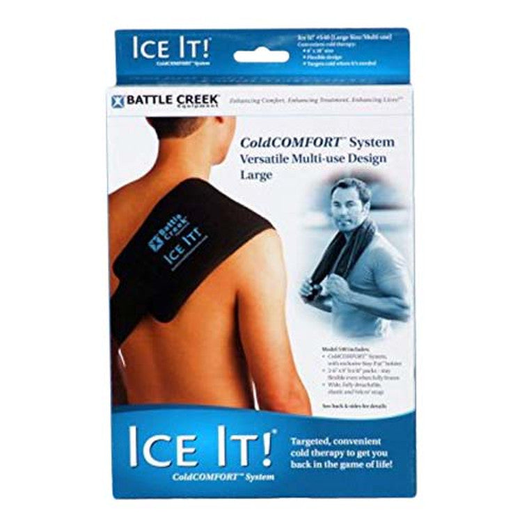 Battle Creek Equipment Ice It ColdCOMFORT 6x18-inch cold pack with cover and strap, used for healthcare and injury relief.
