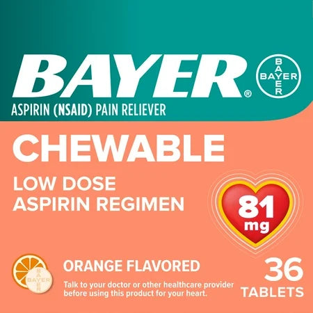 Bayer Chewable Aspirin 81mg low dose orange flavor, 36 count, in blister pack, for heart health and pain relief.