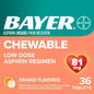 Bayer Chewable Aspirin 81mg low dose orange flavor, 36 count, in blister pack, for heart health and pain relief.