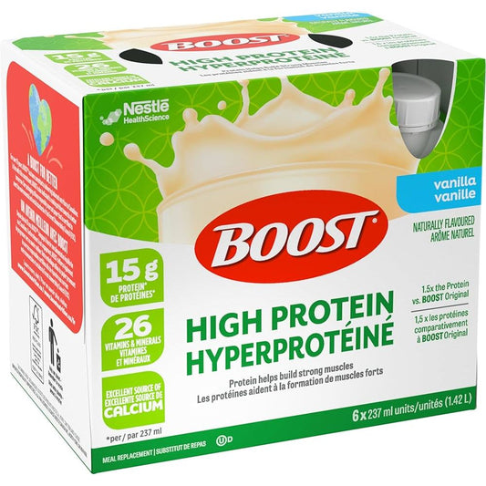 Boost 15g vanilla high protein meal replacement drink in 237ml bottles, pack of 4, from Pasteur Pharmacy, health care product.