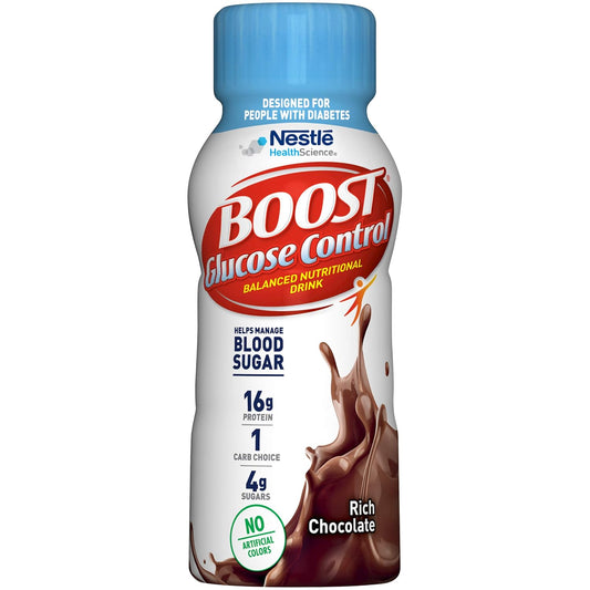 Pack of 24 BOOST Glucose Control Rich Chocolate Nutritional Drinks in 8 fl oz bottles, ready-to-drink health care supplement.