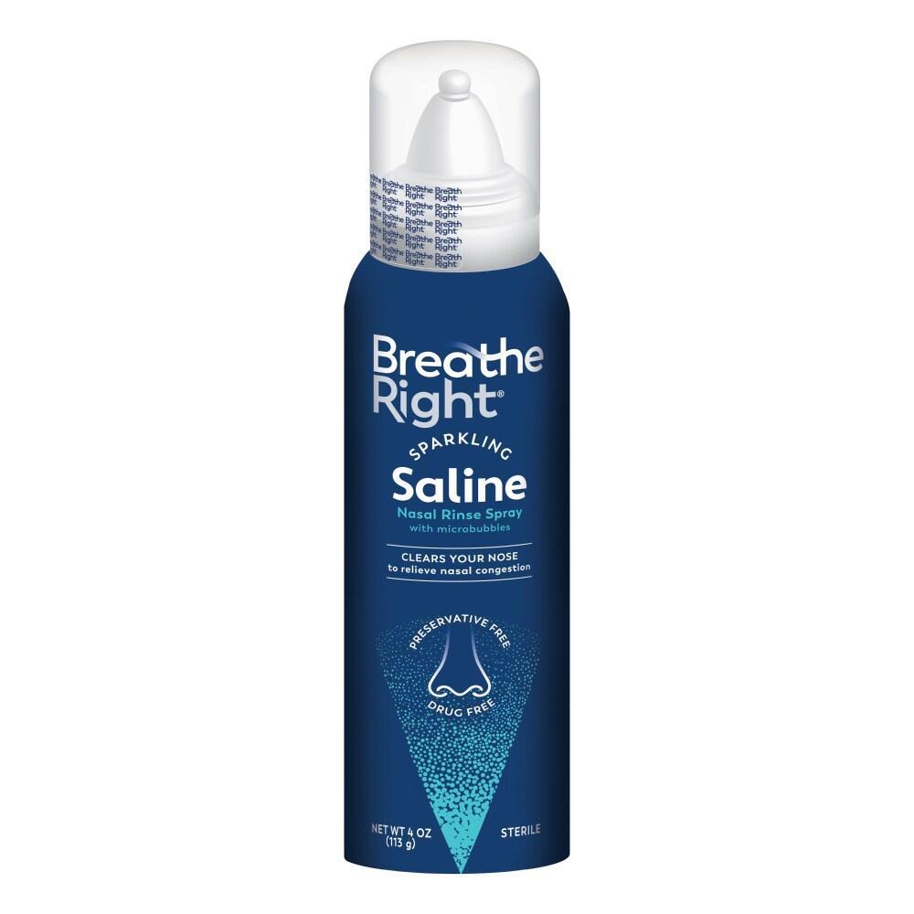 Breathe Right Sparkling Saline Nasal Rinse Spray in a bottle for nasal relief, used for health care and nasal hygiene.