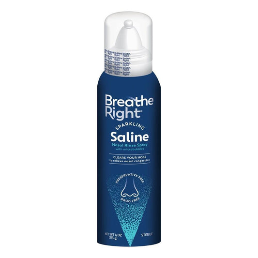 Breathe Right Sparkling Saline Nasal Rinse Spray in a bottle for nasal relief, used for health care and nasal hygiene.