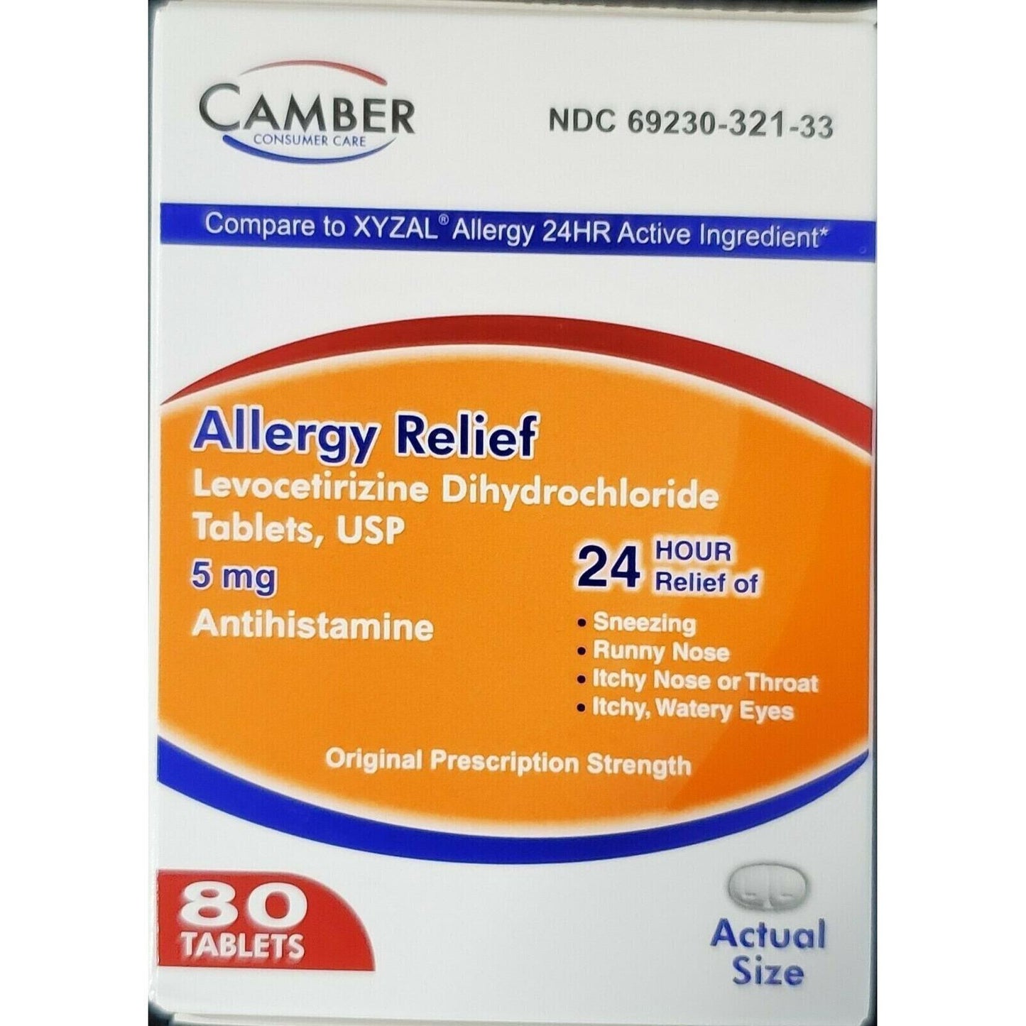 Box of Pasteur Pharmacy Camber Levocetirizine 5 mg allergy tablets, 80-count package with expiration date of 05/24.