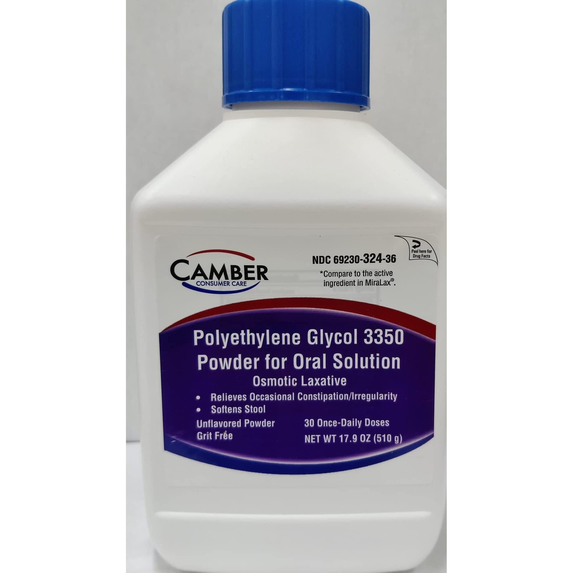 Camber PEG 3350 powder in 17.9 oz container, a health care laxative product by Pasteur Pharmacy, shown in the image.
