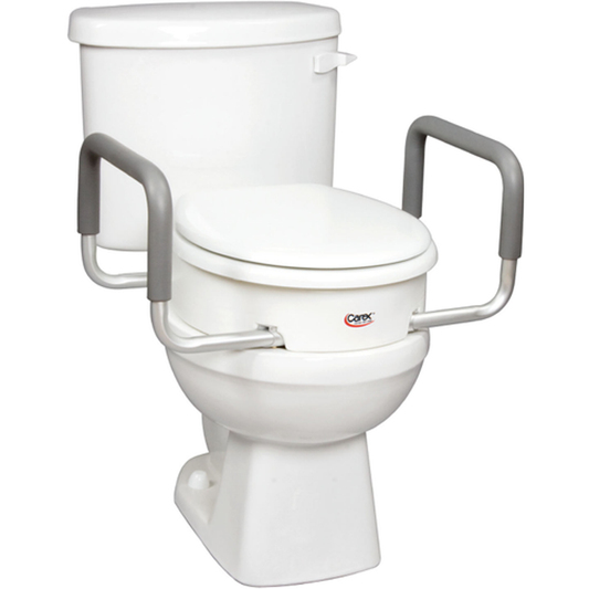 Carex toilet seat elevator with handles for elongated toilets, designed for added safety and support in healthcare settings.