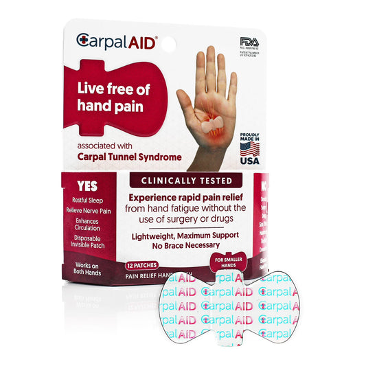 Large adhesive Carpal AID® hand-based wrist relief patches for carpal tunnel pain, shown in a 12-pack by Pasteur Pharmacy.