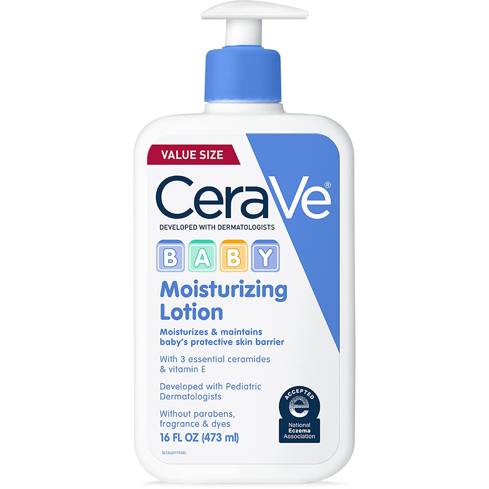 CeraVe Baby lotion in an 8oz bottle, gentle skincare product for babies, shown with a white pump dispenser.