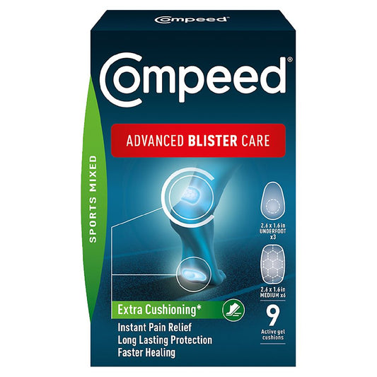 Compeed Advanced Blister Care Sports patches from Pasteur Pharmacy for soothing blister relief during physical activity.