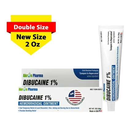 Dibucaine 1% hemorrhoidal and topical analgesic ointment in a 2 oz tube, shown with packaging and applicator for hemorrhoid relief.