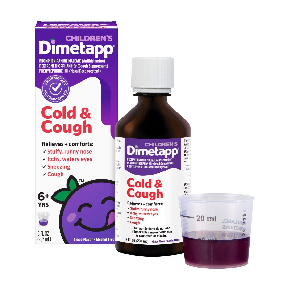 Dimetapp Cold & Cough syrup in 8 fl oz bottle, health care product from Pasteur Pharmacy, effective for cold and cough relief.