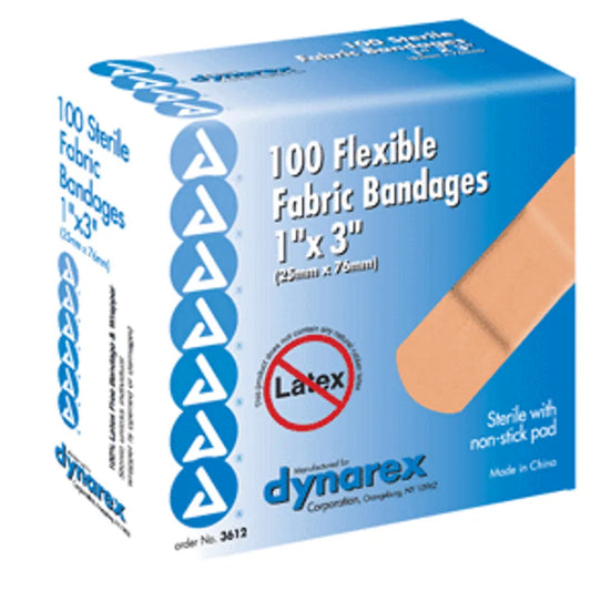 Dynarex sterile adhesive fabric bandages, 1x3 inches, flexible and sterile, shown in a box with 100 bandages for wound care.