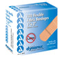 Dynarex sterile adhesive fabric bandages, 1x3 inches, flexible and sterile, shown in a box with 100 bandages for wound care.