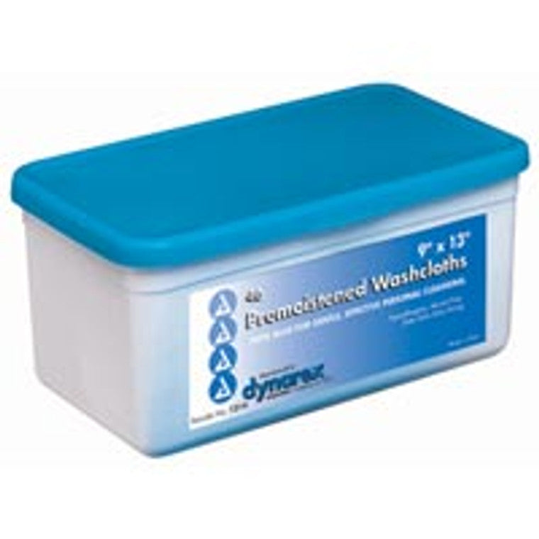 Dynarex pre-moistened disposable washcloths in a standard tub, 9x13 inches, used for healthcare hygiene and cleaning.
