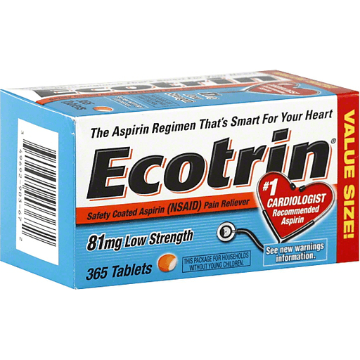 Ecotrin Safety Coated Enteric Aspirin 81 mg low strength tablets for cardiovascular health, displayed in blister packaging.