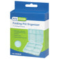 Ezy Dose 11-compartment foldable pill case in white with clear lid, designed for organizing daily medications.