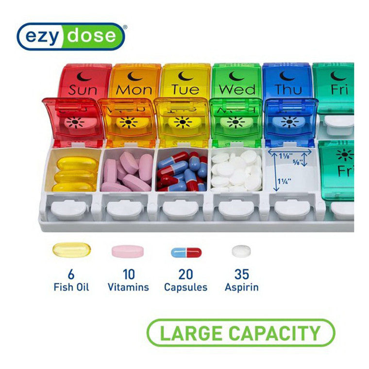 Large Ezy Dose 7-Day AM/PM pill organizer with push button, weekly medication planner, designed for easy daily pill management.