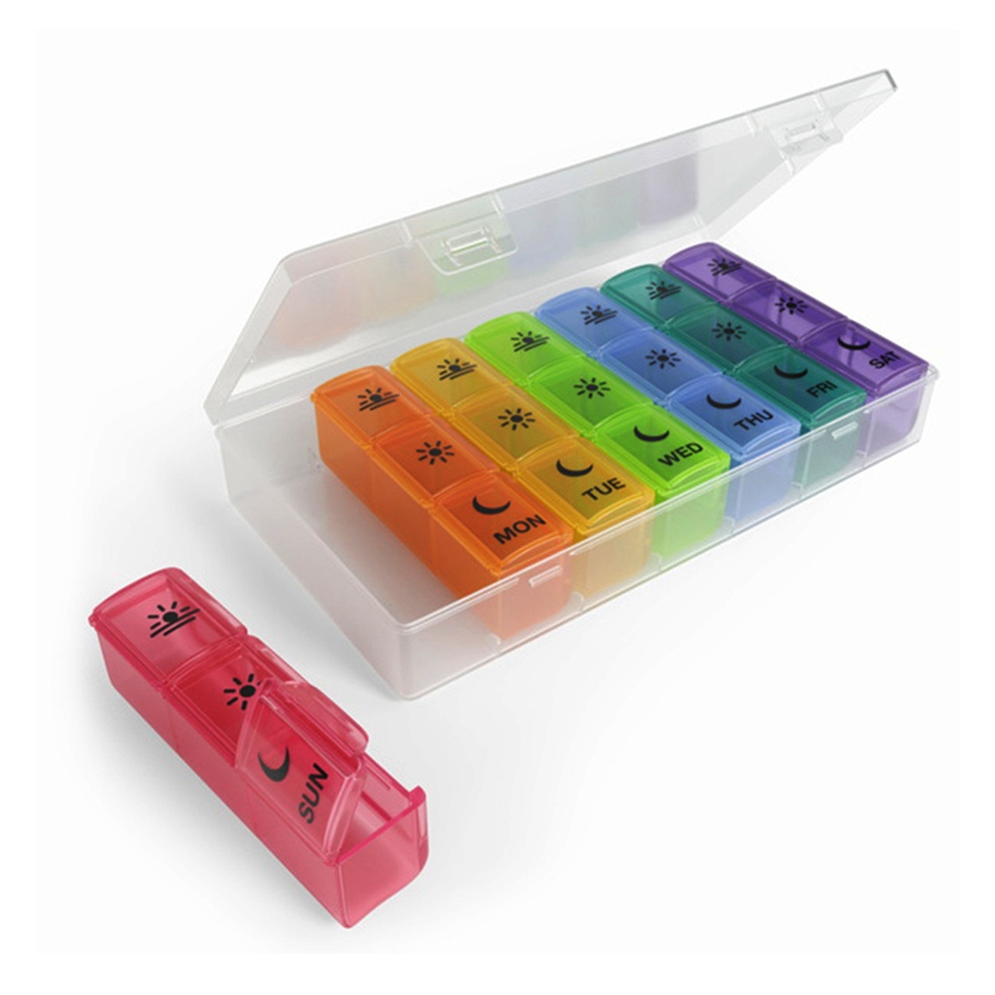 Ezy Dose Weekly 3x Day Pill Planner in rainbow colors, designed for organizing daily medication doses.