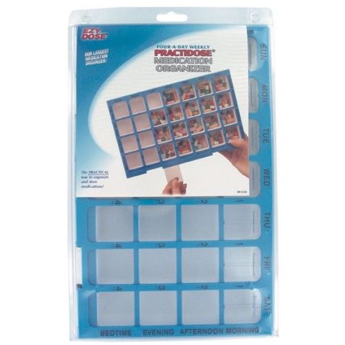 Ezy Dose Weekly Practidose Pill Planner in blue with labeled compartments for medication organization.