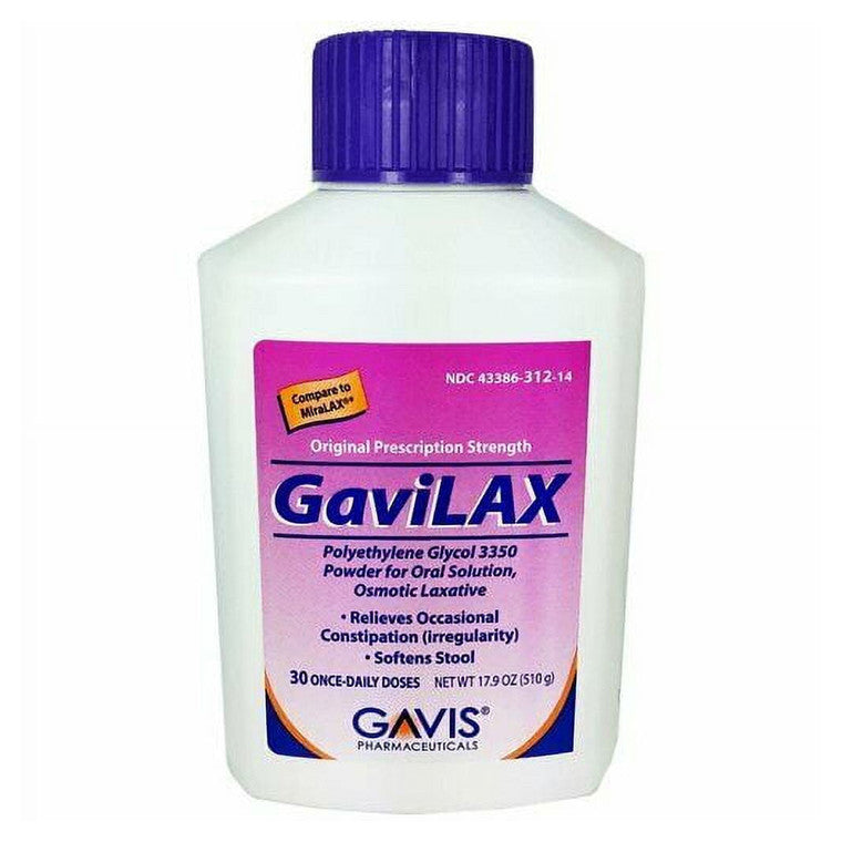 GaviLax polyethylene glycol 3350 powder in 17g doses, 30 doses total, osmotic laxative for digestive health from Pasteur Pharmacy