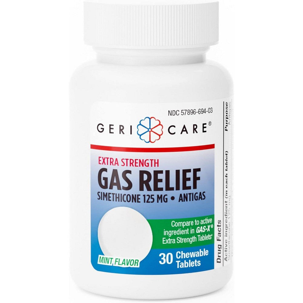 GeriCare Simethicone 125mg extra strength gas relief tablets in mint flavor, showing the packaging and tablets.