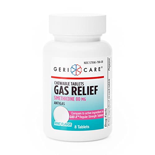 GeriCare Simethicone 80mg chewable gas relief tablets in blister pack, used for digestive comfort and gas relief.