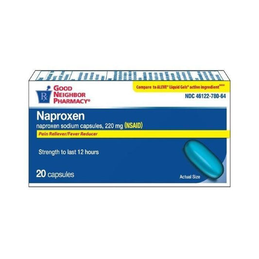 GNP Good Neighbor Pharmacy Naproxen Sodium 220mg softgels, health care product, 20 count in clear bottle, by Pasteur Pharmacy