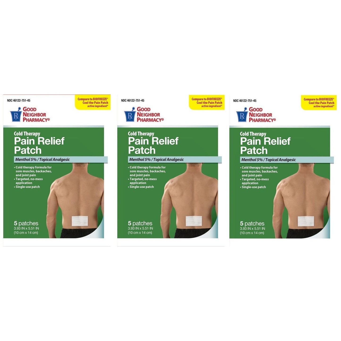 Pasteur Pharmacy GNP Good Neighbor Pharmacy Cold Pain Relief Patches, 5-count, shown on a healthcare setting with patches ready for use.