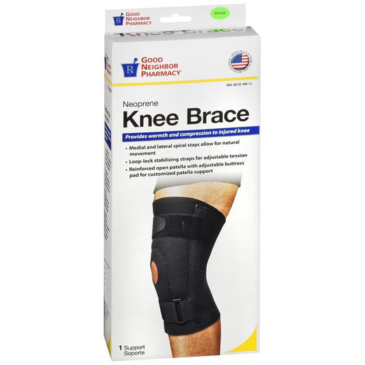 Black medium neoprene knee brace by Good Neighbor Pharmacy, designed for support and compression, shown on a neutral background.