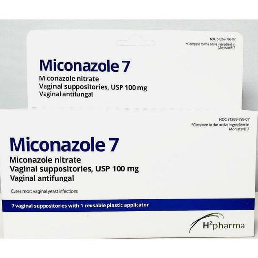 H2 Pharma Miconazole 7 vaginal suppositories 100 Mg box, health care product for vaginal health, Pasteur Pharmacy brand