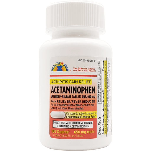 Health Star Acetaminophen Arthritis 650 mg bottle, a health care product for pain relief, by Pasteur Pharmacy.