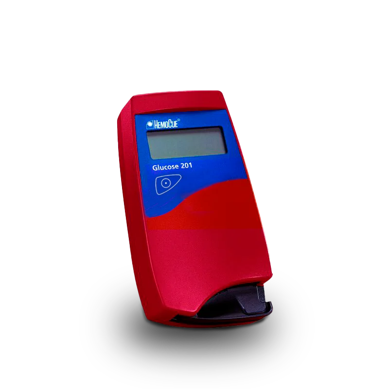 HemoCue Glucose 201 System kit with analyzer and 50 microcuvettes for professional point-of-care blood glucose testing.