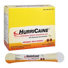 HurriCaine 20% Benzocaine topical anesthetic swabs with wild cherry flavor, 60 unit dose for oral pain relief, by Pasteur Pharmacy.