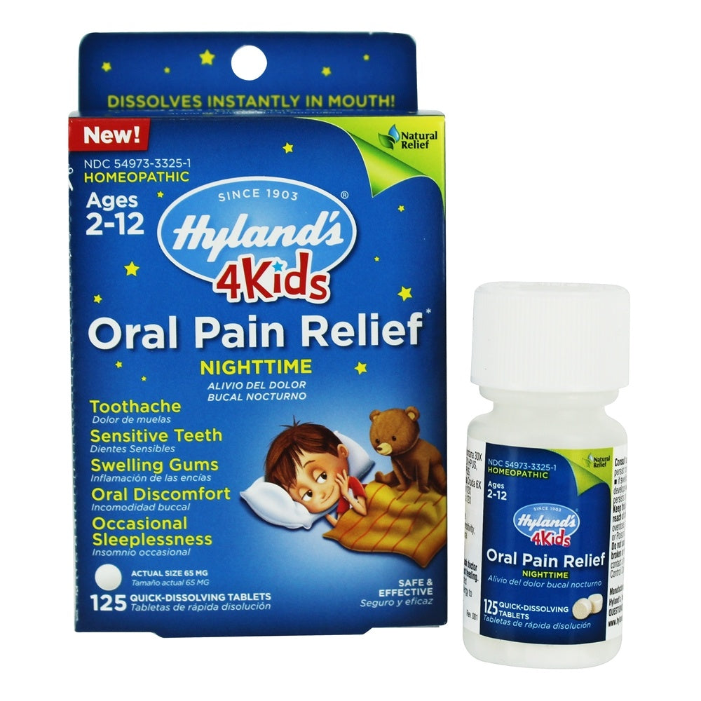 Hyland's 4 Kids Nighttime Oral Pain Relief Tablets in a bottle, designed for children's oral discomfort relief.