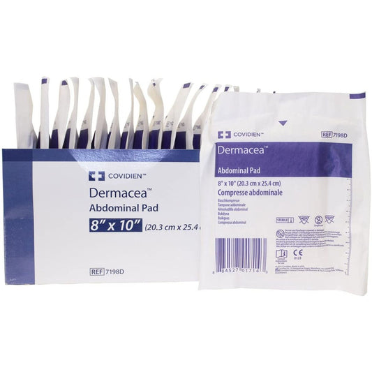 Sterile Kendall Dermacea abdominal pads, 8"x10", in box of 18, for healthcare wound care, by Pasteur Pharmacy.