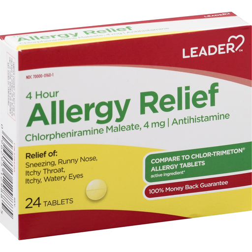 Leader 4 Hour Allergy Relief Tablets 4mg bottle from Pasteur Pharmacy, showing the packaging and tablets inside.