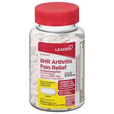 Leader 8-Hour Arthritis Pain Relief caplets by Pasteur Pharmacy, 650 mg extended-release pain relief medication.