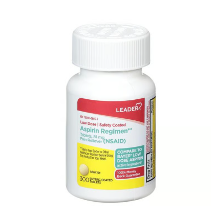 Leader Aspirin Regimen Tablets 81mg, 300 count, in blister packs, used for heart health and pain relief.