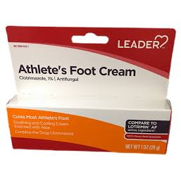 Leader™ Athlete's Foot Cream with 1% Clotrimazole in 14g tube, helping to treat athlete's foot and skin fungal infections.