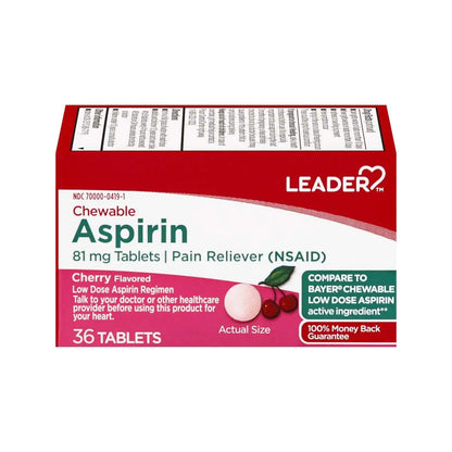 Cherry-flavored Leader Chewable Aspirin Tablets 81mg by Pasteur Pharmacy, 36-count health care supplement in blister pack.