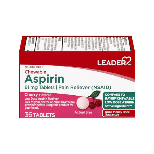 Cherry-flavored Leader Chewable Aspirin Tablets 81mg by Pasteur Pharmacy, 36-count health care supplement in blister pack.