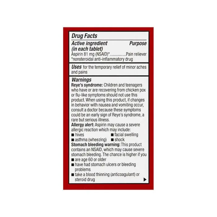 Chewable aspirin tablets in cherry flavor, 81mg, 36-count bottle from Pasteur Pharmacy for heart health and pain relief.